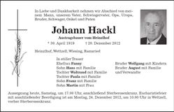 Traueranzeige Johann Hackl
