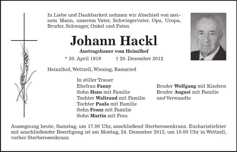 Traueranzeige Johann Hackl
