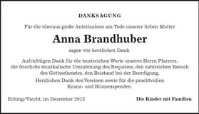 Traueranzeige Anna Brandhuber