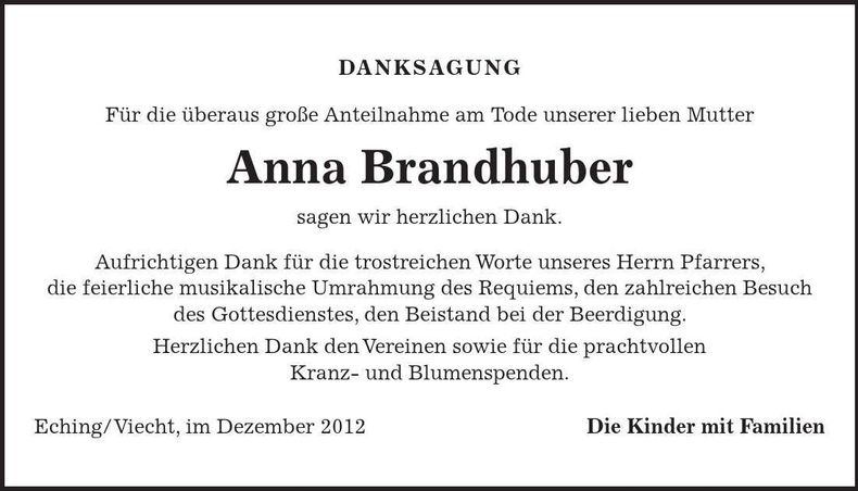 Traueranzeige Anna Brandhuber