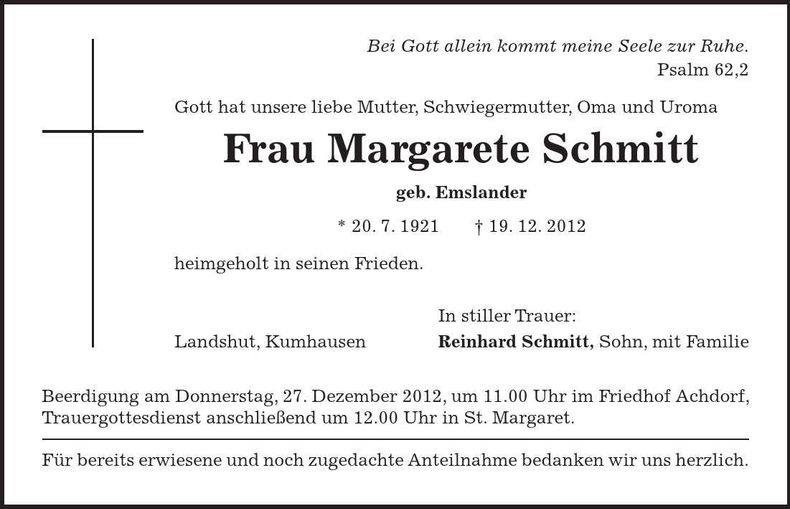 Traueranzeige Margarete Schmitt