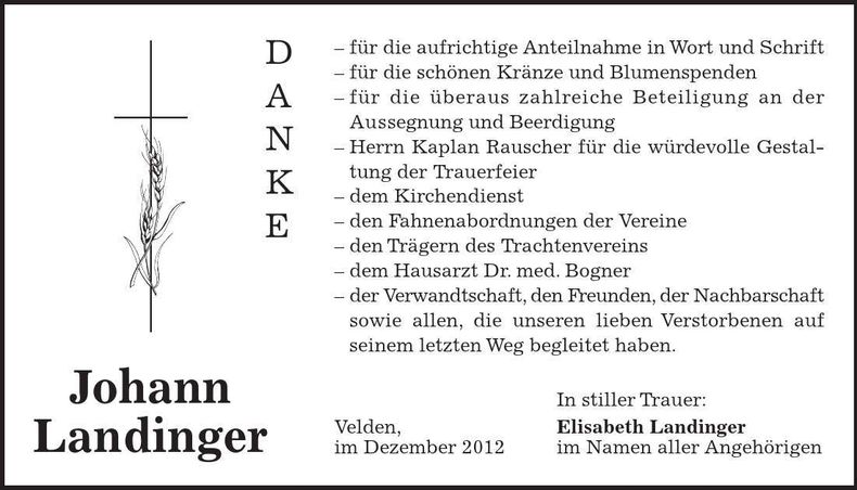 Traueranzeige Johann Landinger