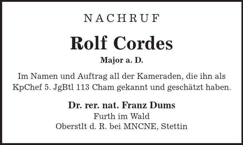 Traueranzeige Rolf Cordes