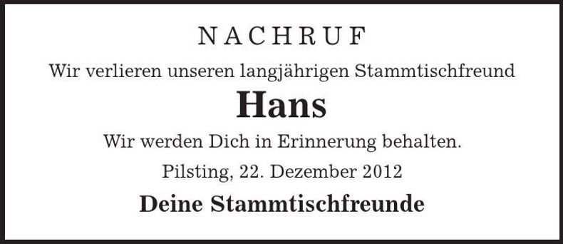 Traueranzeige Hans Pellkofer