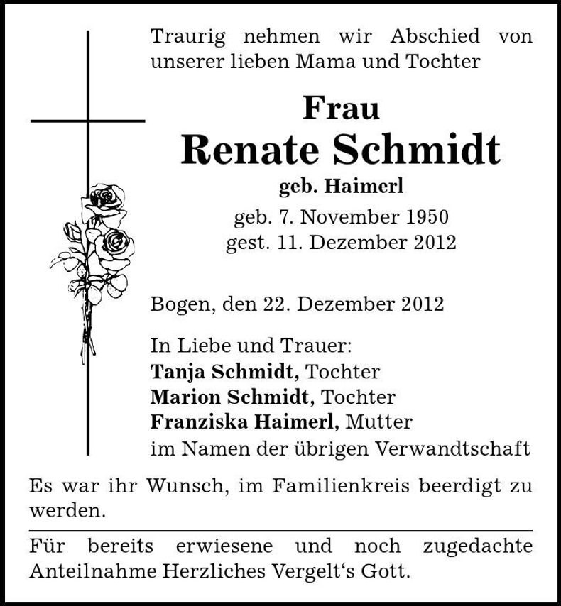 Traueranzeige Renate Schmidt