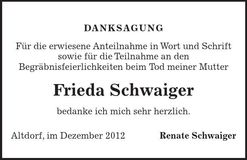 Traueranzeige Frieda Schwaiger