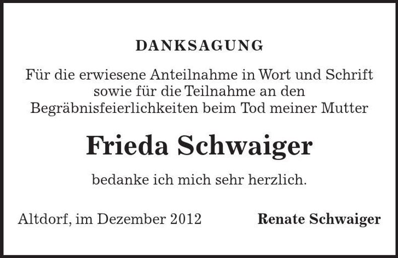 Traueranzeige Frieda Schwaiger