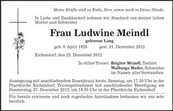 Traueranzeige Ludwine Meindl