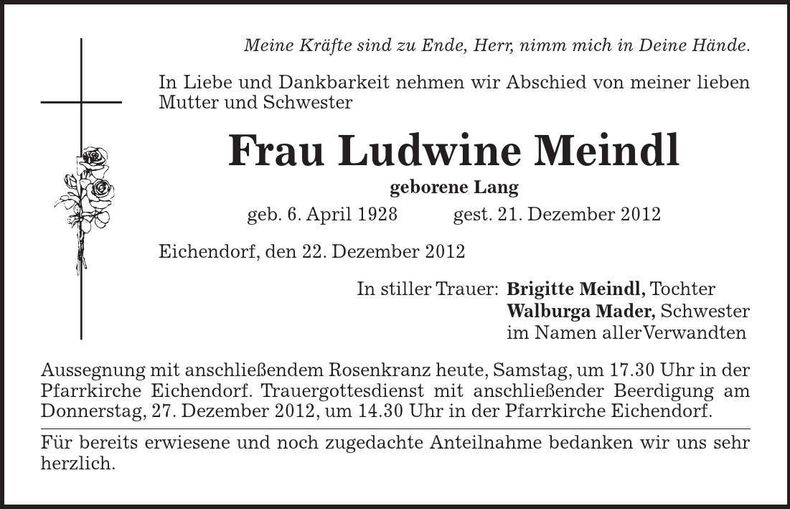 Traueranzeige Ludwine Meindl