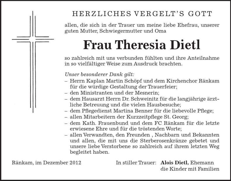 Traueranzeige Theresia Dietl
