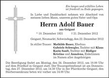 Traueranzeige Adolf Bauer