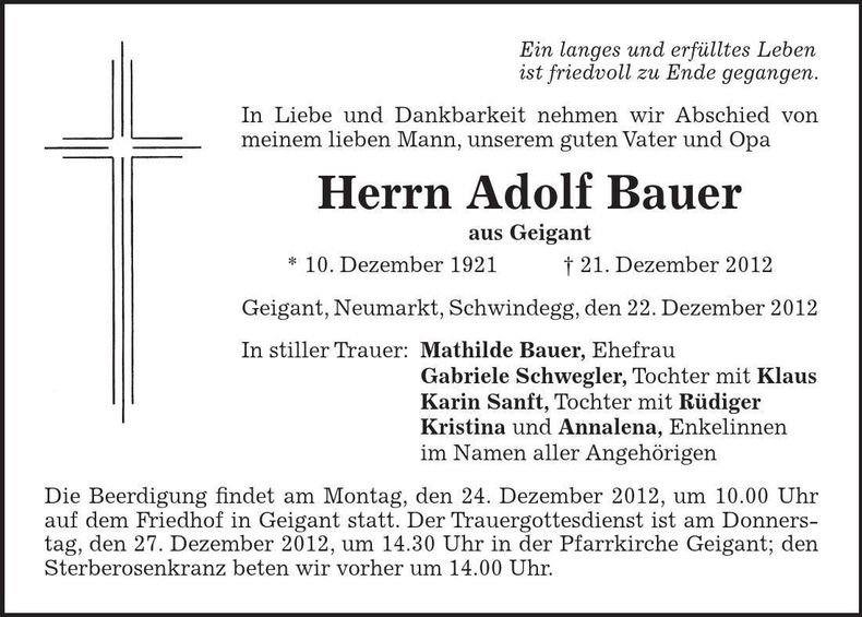 Traueranzeige Adolf Bauer