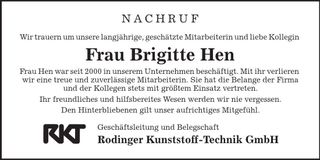 Traueranzeige Brititte Hen