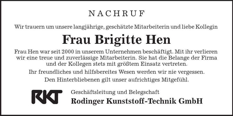 Traueranzeige Brititte Hen