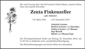 Traueranzeige Zenta Finkenzellner