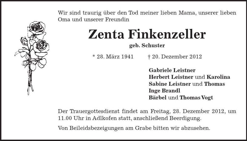 Traueranzeige Zenta Finkenzellner