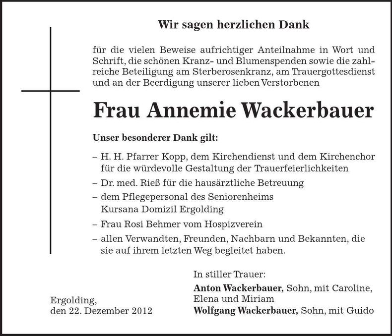 Traueranzeige Annemie Wackerbauer