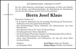 Traueranzeige Josef Klaus
