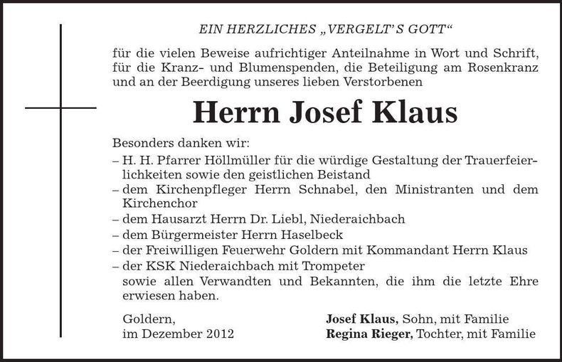 Traueranzeige Josef Klaus