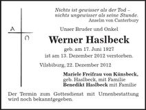 Traueranzeige Werner Haslbeck