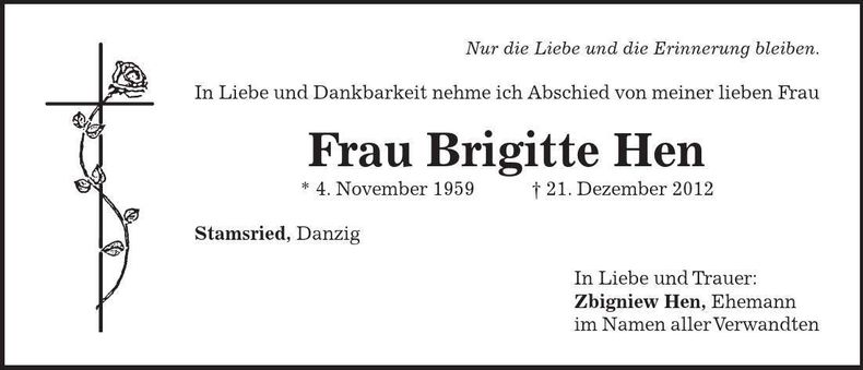 Traueranzeige Brigitte Hen