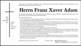 Traueranzeige Franz Xaver Adam