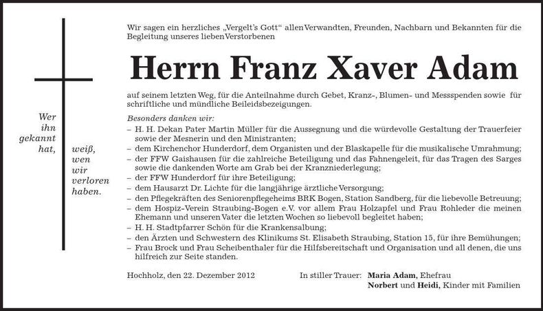 Traueranzeige Franz Xaver Adam