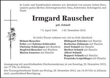 Traueranzeige Irmgard Rauscher
