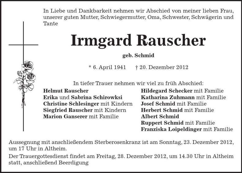 Traueranzeige Irmgard Rauscher