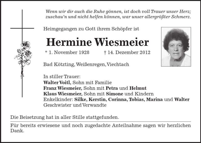 Traueranzeige Hermine Wiesmeier