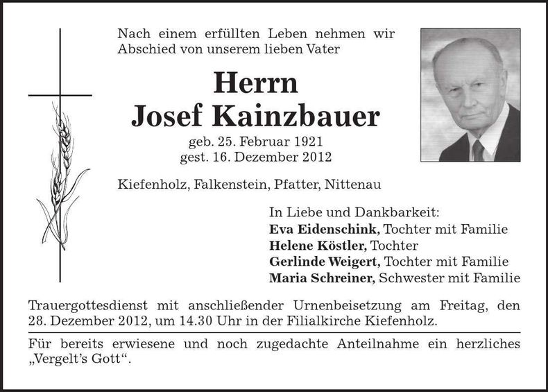 Traueranzeige Josef Kainzbauer