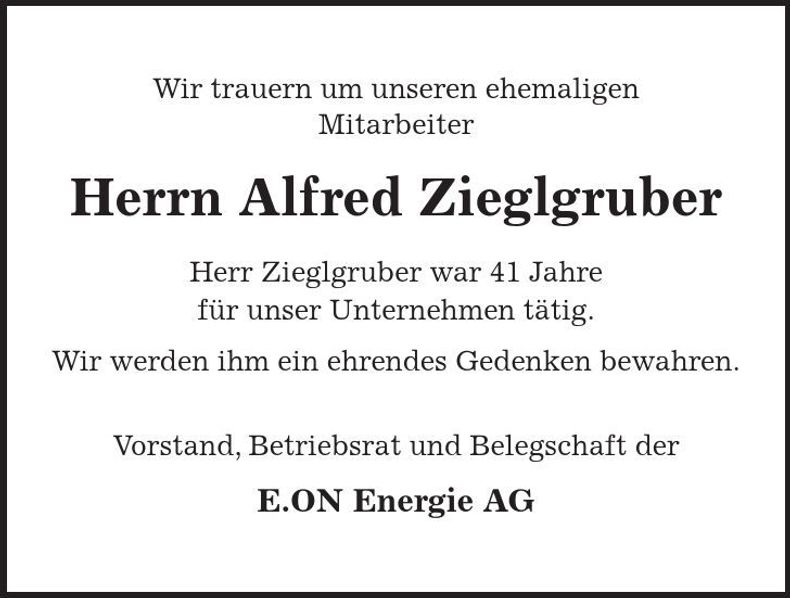 Traueranzeige Alfred Zieglgruber