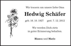 Traueranzeige Hedwig Schäfer