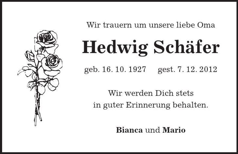 Traueranzeige Hedwig Schäfer