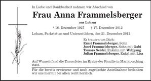 Traueranzeige Anna Frammelsberger