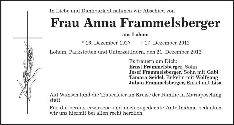 Traueranzeige Anna Frammelsberger
