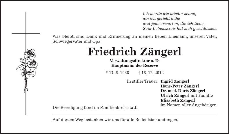 Traueranzeige Friedrich Zängerl
