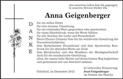 Traueranzeige Anna Geigenberger