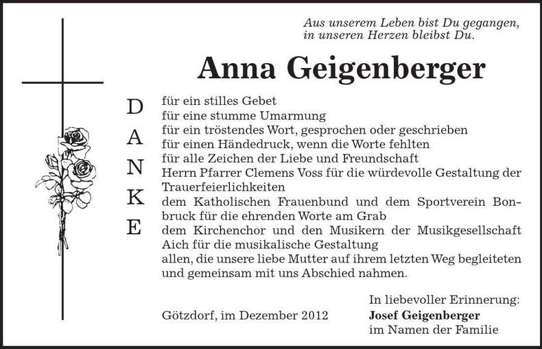 Traueranzeige Anna Geigenberger