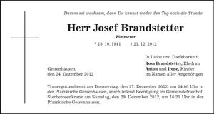 Traueranzeige Josef Brandstetter