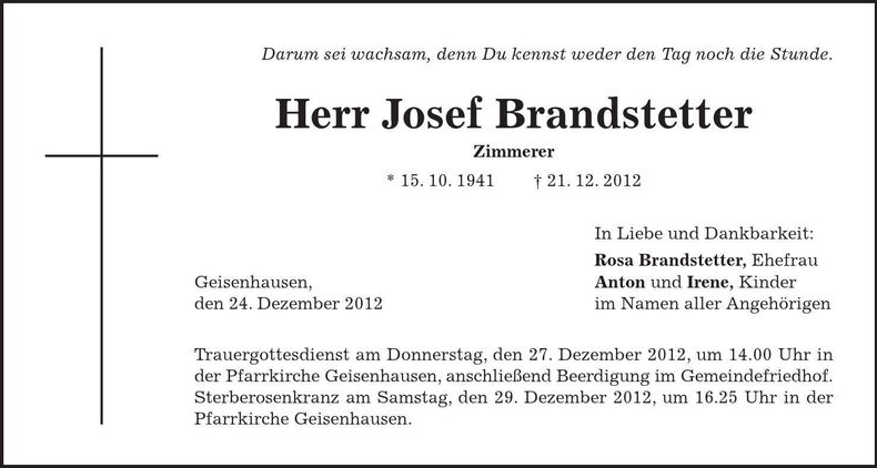 Traueranzeige Josef Brandstetter