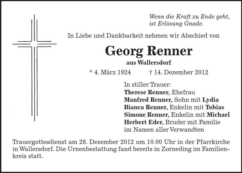 Traueranzeige Georg Renner