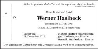 Traueranzeige Werner Haslbeck
