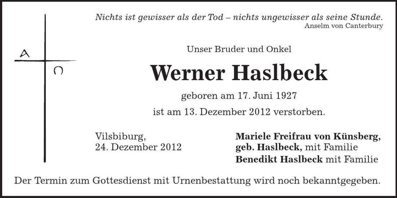 Traueranzeige Werner Haslbeck