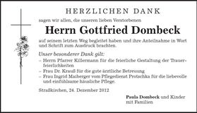 Traueranzeige Gottfried Dombeck