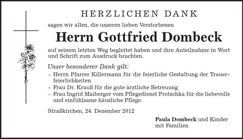 Traueranzeige Gottfried Dombeck
