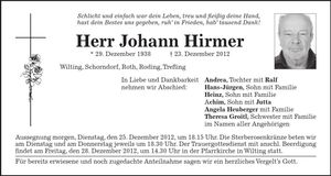 Traueranzeige Johann Hirmer