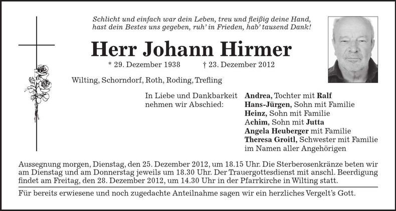 Traueranzeige Johann Hirmer