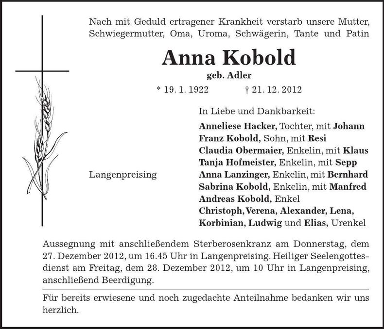Traueranzeige Anna Kobold