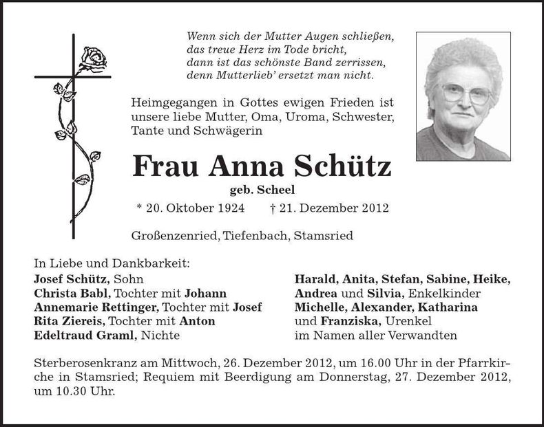 Traueranzeige Anna Schütz
